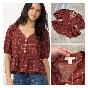 LC LAUREN CONRAD Women's Brown Checkered Top-size XS